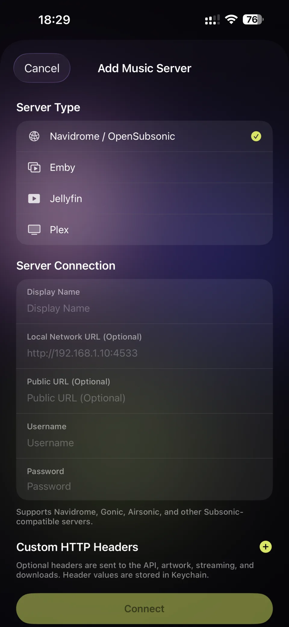 SirenX 音乐服务器连接设置界面
